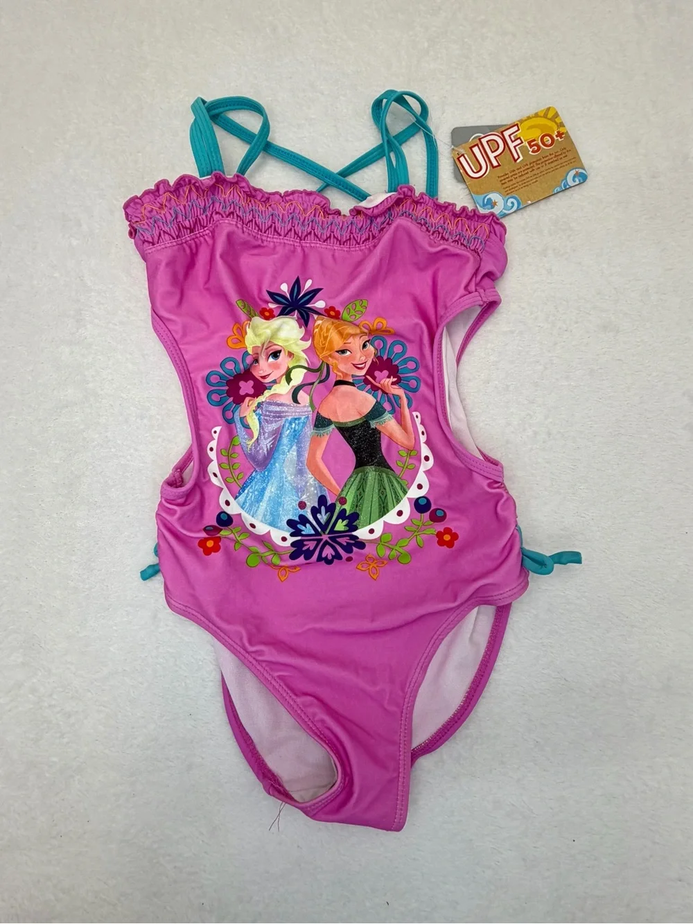 NWT Disney Store Frozen Elsa Anna Girls Swimsuit Size 7/8 Pink One Piece UPF 50+
